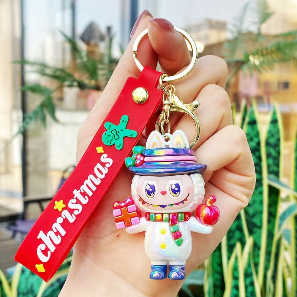 Festive Red Christmas Keychain with Cute Snow Character